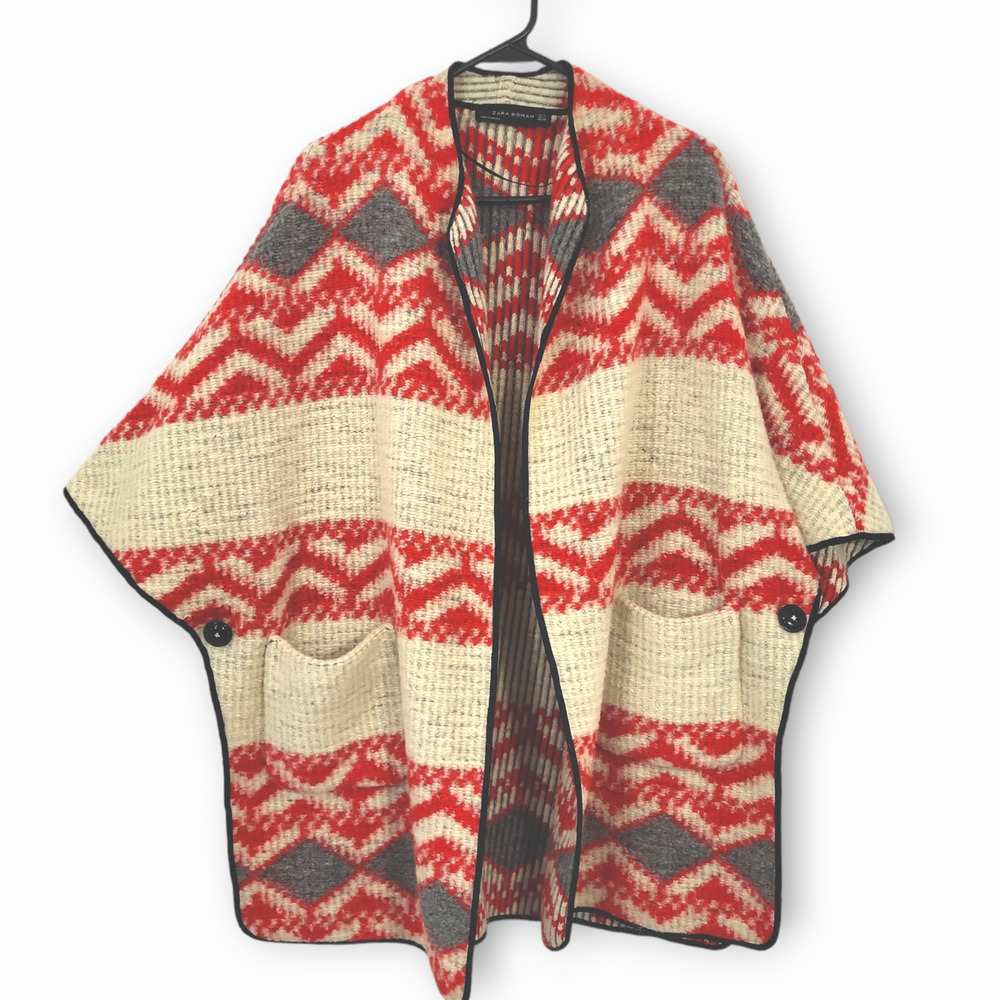 Zara Poncho Sweater Womens Size Medium Geometric Southwest Blanket Cardigan